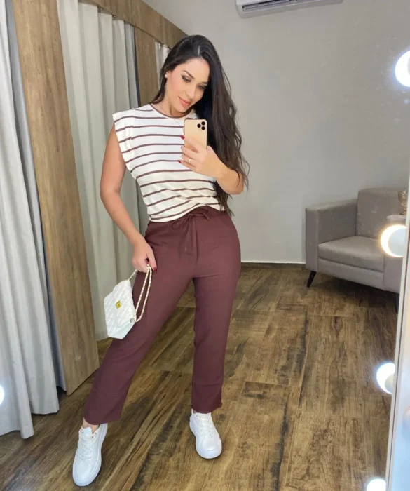 Calça Feminina Viscose com Bolsos e Elástico na Cintura Marrom - Fernanda Ramos Store