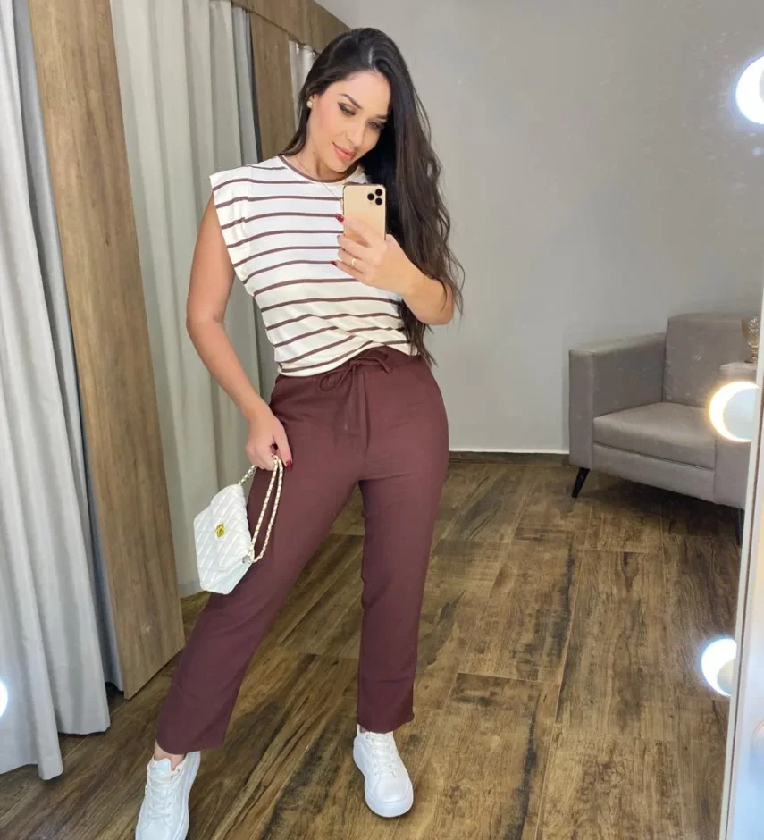 Calça Feminina Viscose com Bolsos e Elástico na Cintura Marrom - Fernanda Ramos Store