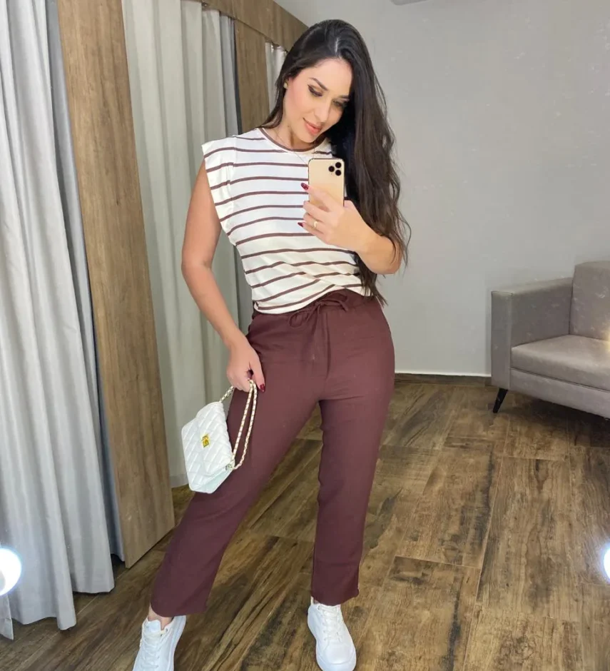 Calça Feminina Viscose com Bolsos e Elástico na Cintura Marrom - Fernanda Ramos Store