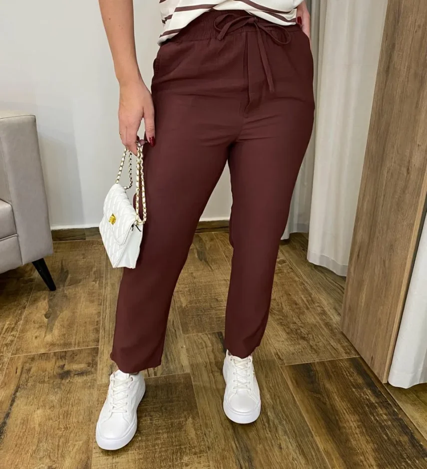Calça Feminina Viscose com Bolsos e Elástico na Cintura Marrom - Fernanda Ramos Store