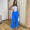 Calça Social Feminina Pantalona Viscose Azul com Cinto - Fernanda Ramos Store