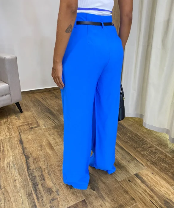 Calça Social Feminina Pantalona Viscose Azul com Cinto - Fernanda Ramos Store