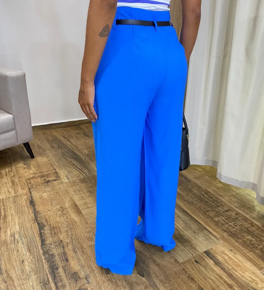Calça Social Feminina Pantalona Viscose Azul com Cinto - Fernanda Ramos Store