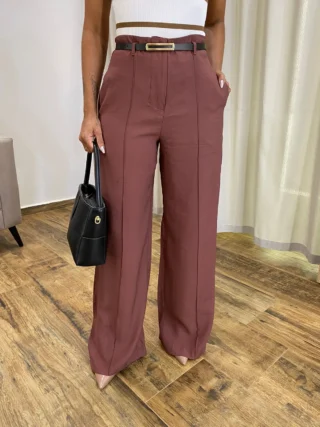 Calça Social Feminina Pantalona Viscose Marrom com Cinto - Fernanda Ramos Store