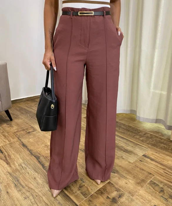 Calça Social Feminina Pantalona Viscose Marrom com Cinto - Fernanda Ramos Store