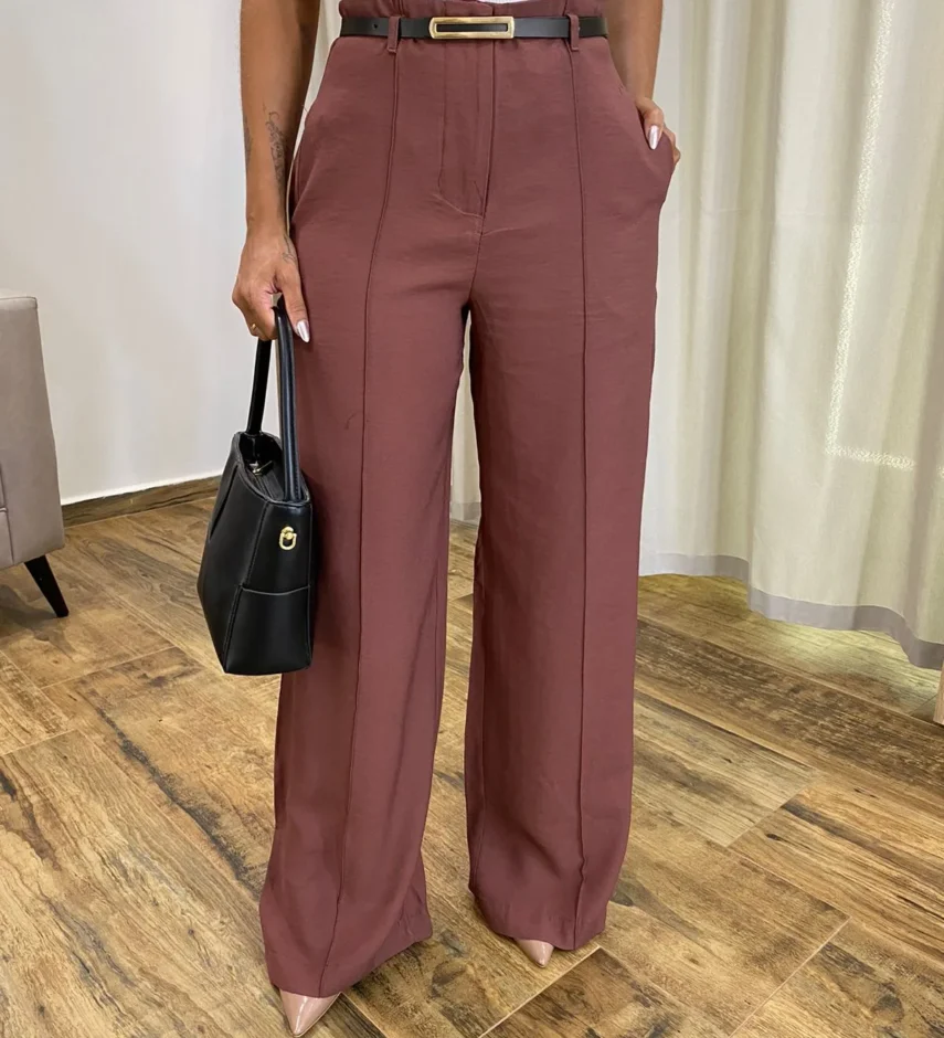 Calça Social Feminina Pantalona Viscose Marrom com Cinto - Fernanda Ramos Store