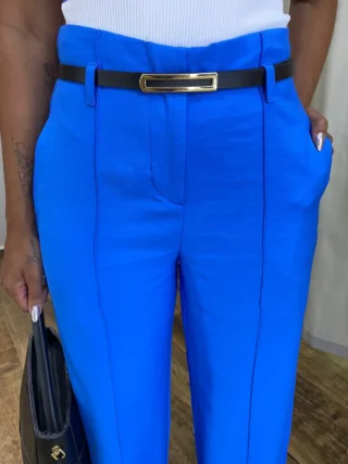 Calça Social Feminina Pantalona Viscose Azul com Cinto - Fernanda Ramos Store