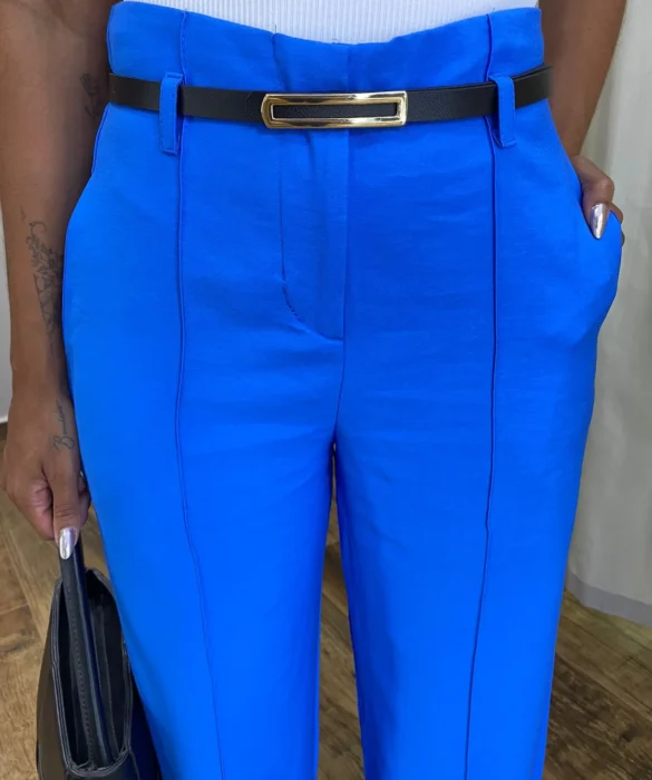 Calça Social Feminina Pantalona Viscose Azul com Cinto - Fernanda Ramos Store