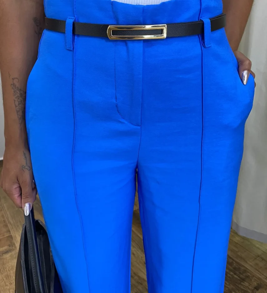 Calça Social Feminina Pantalona Viscose Azul com Cinto - Fernanda Ramos Store
