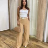 Calça Social Feminina Pantalona Viscose Caqui com Cinto - Fernanda Ramos Store