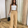 Calça Social Feminina Pantalona Viscose Caqui com Cinto - Fernanda Ramos Store