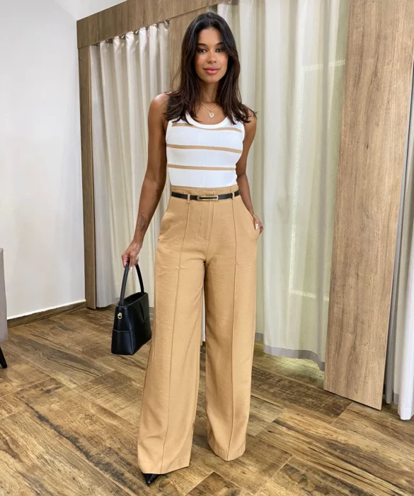 Calça Social Feminina Pantalona Viscose Caqui com Cinto - Fernanda Ramos Store