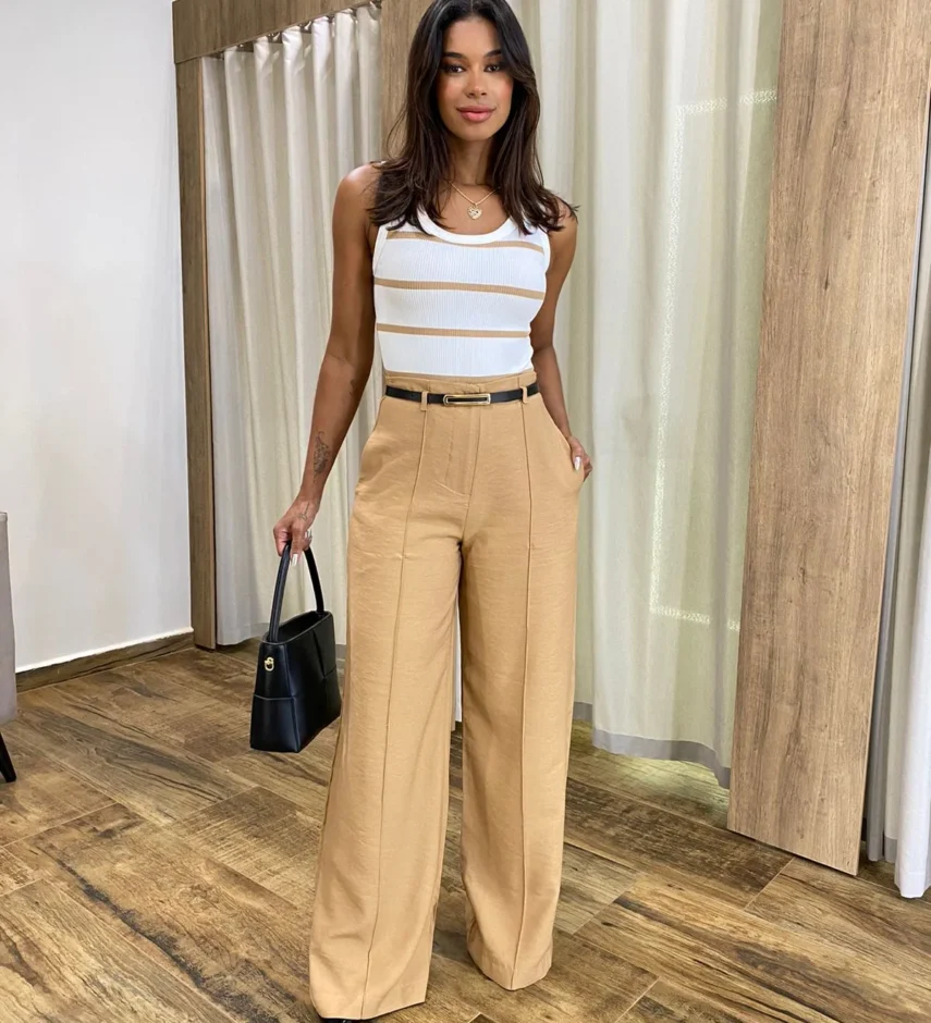 Calça Social Feminina Pantalona Viscose Caqui com Cinto - Fernanda Ramos Store