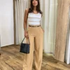 Calça Social Feminina Pantalona Viscose Caqui com Cinto - Fernanda Ramos Store
