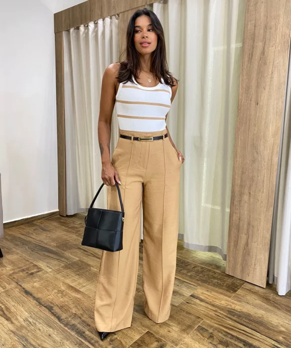 Calça Social Feminina Pantalona Viscose Caqui com Cinto - Fernanda Ramos Store