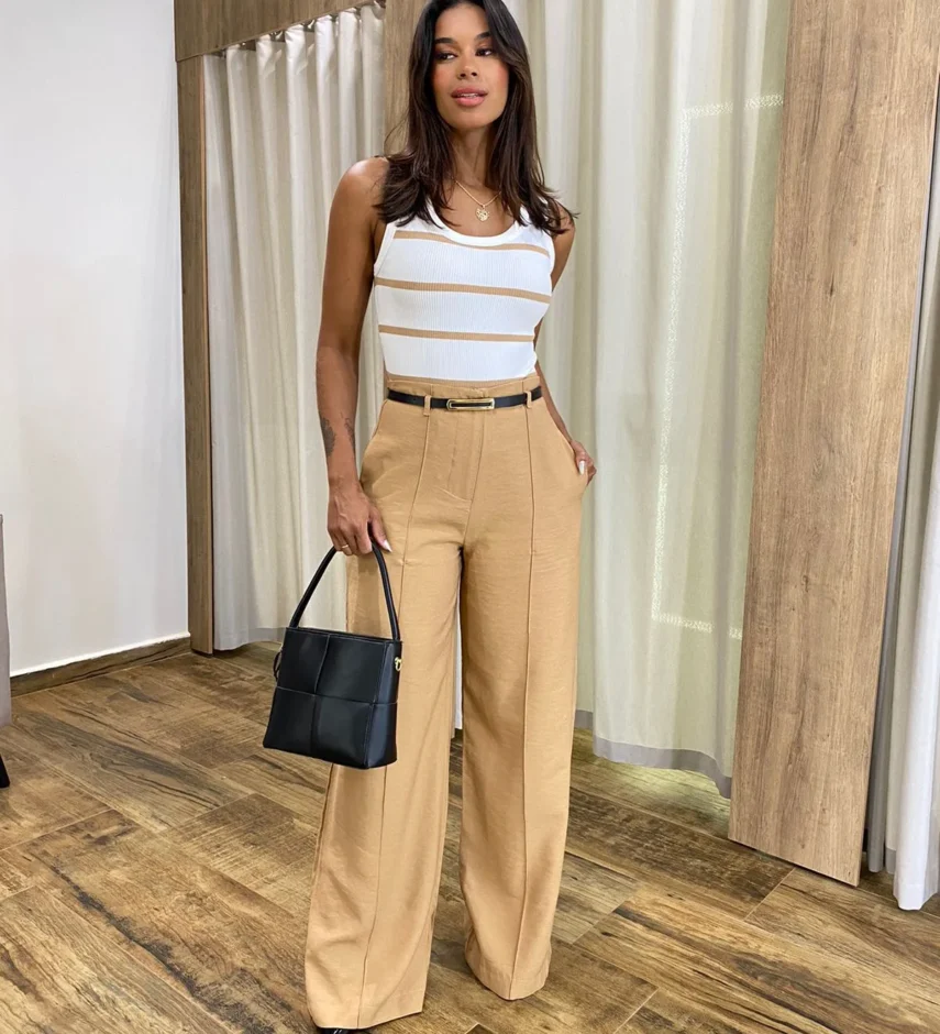 Calça Social Feminina Pantalona Viscose Caqui com Cinto - Fernanda Ramos Store