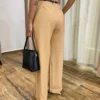 Calça Social Feminina Pantalona Viscose Caqui com Cinto - Fernanda Ramos Store