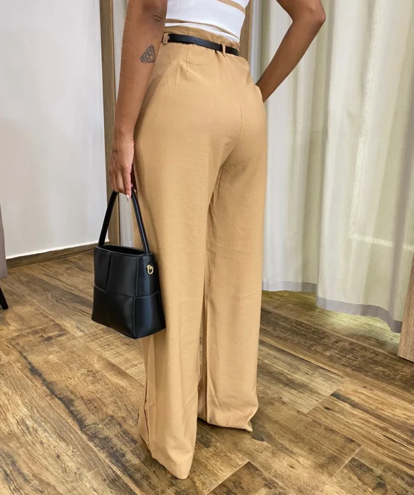 Calça Social Feminina Pantalona Viscose Caqui com Cinto - Fernanda Ramos Store