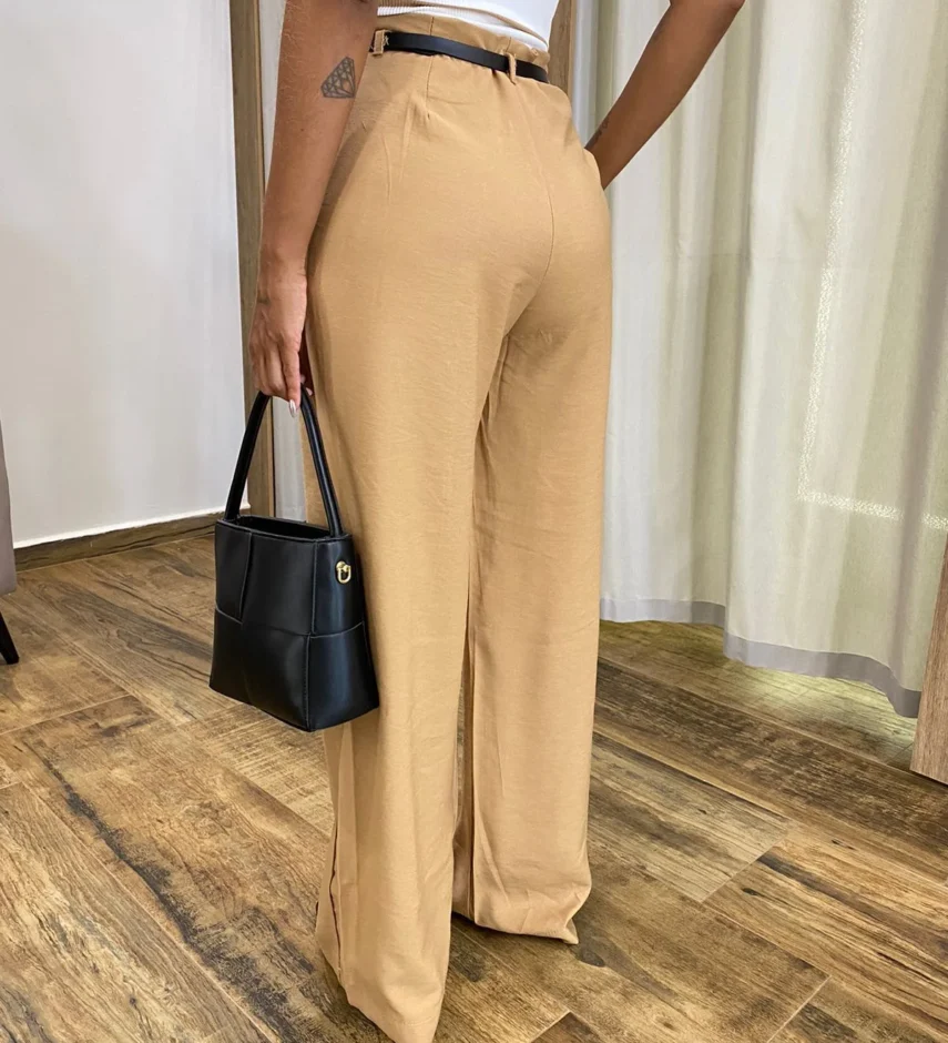 Calça Social Feminina Pantalona Viscose Caqui com Cinto - Fernanda Ramos Store