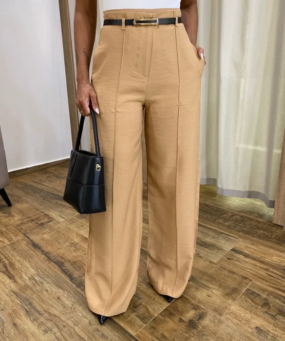 Calça Social Feminina Pantalona Viscose Caqui com Cinto - Fernanda Ramos Store