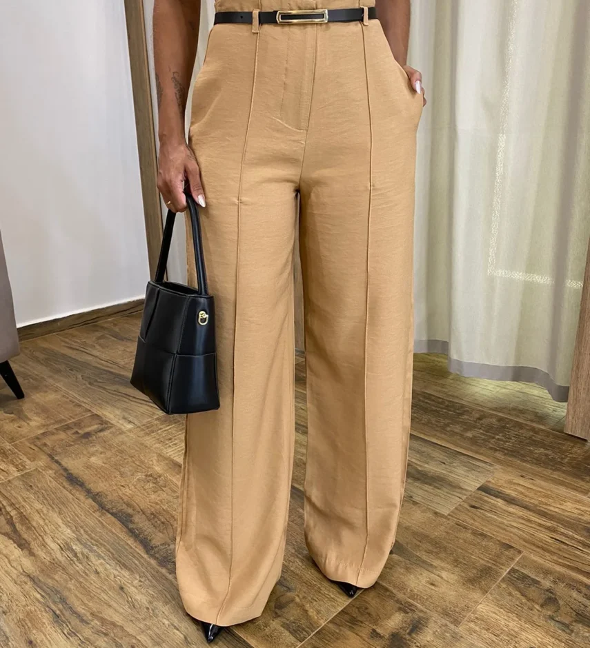 Calça Social Feminina Pantalona Viscose Caqui com Cinto - Fernanda Ramos Store