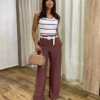 Calça Social Feminina Pantalona Viscose Marrom com Cinto - Fernanda Ramos Store