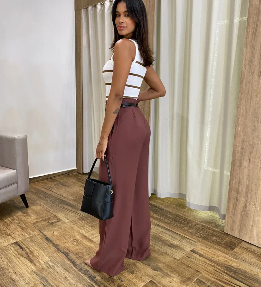 Calça Social Feminina Pantalona Viscose Marrom com Cinto - Fernanda Ramos Store