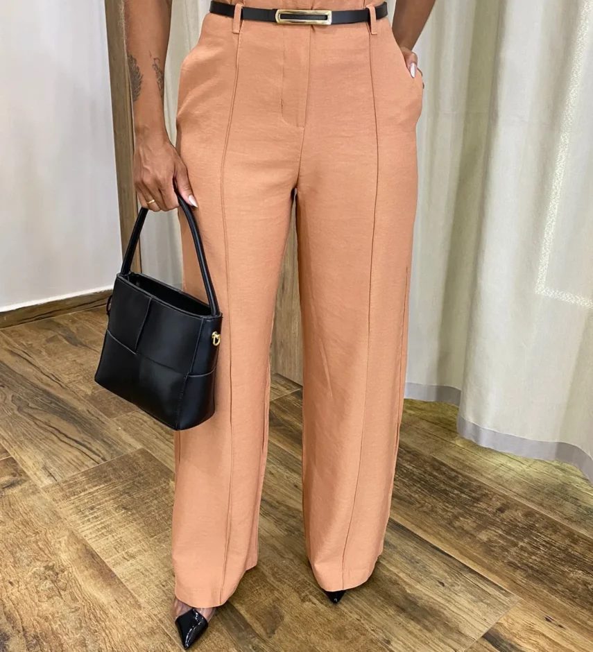 Calça Social Feminina Pantalona Viscose Terra com Cinto - Fernanda Ramos Store
