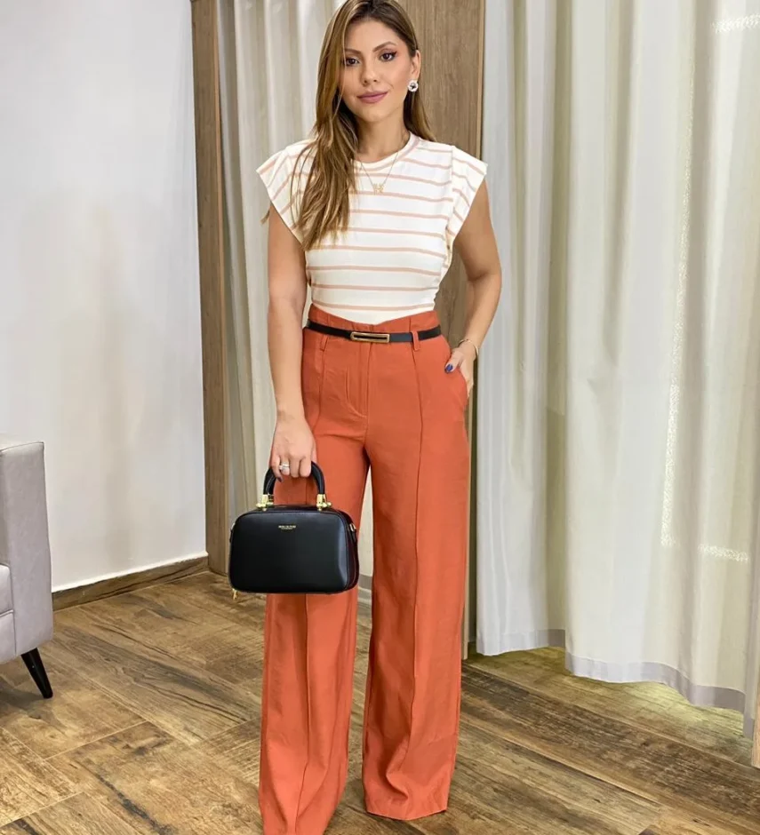 Calça Social Feminina Pantalona Viscose Terracota com Cinto - Fernanda Ramos Store