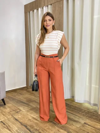 Calça Social Feminina Pantalona Viscose Terracota com Cinto - Fernanda Ramos Store