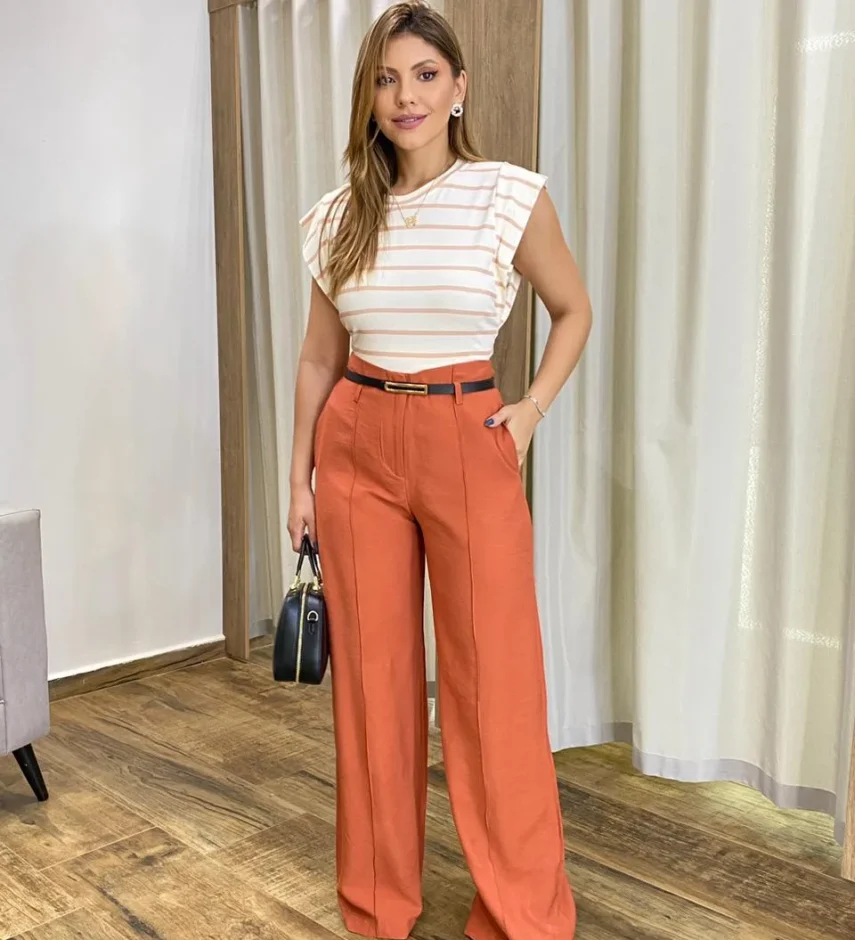 Calça Social Feminina Pantalona Viscose Terracota com Cinto - Fernanda Ramos Store