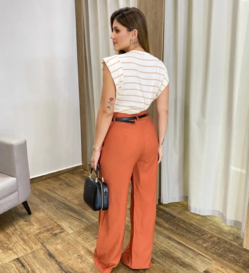 Calça Social Feminina Pantalona Viscose Terracota com Cinto - Fernanda Ramos Store