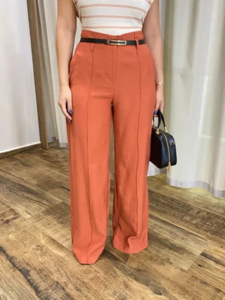 Calça Social Feminina Pantalona Viscose Terracota com Cinto - Fernanda Ramos Store