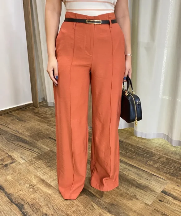 Calça Social Feminina Pantalona Viscose Terracota com Cinto - Fernanda Ramos Store