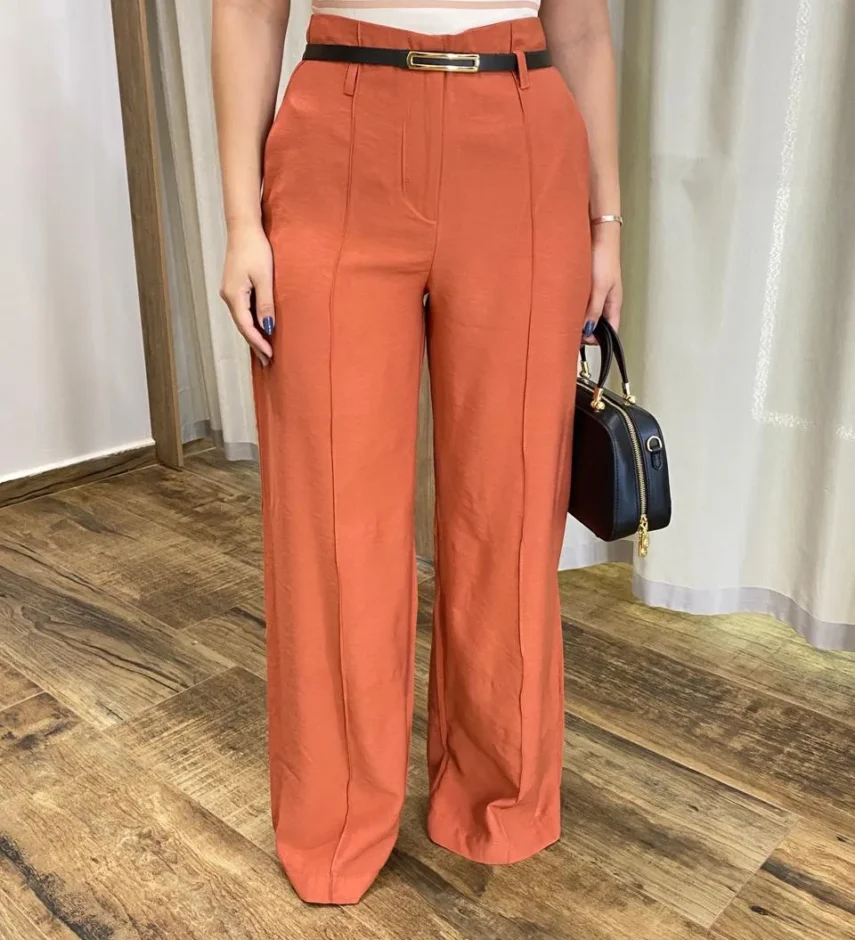 Calça Social Feminina Pantalona Viscose Terracota com Cinto - Fernanda Ramos Store