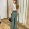 Calça Social Feminina Pantalona Viscose Verde Militar com Cinto - Fernanda Ramos Store