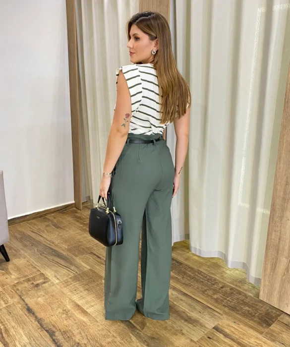 Calça Social Feminina Pantalona Viscose Verde Militar com Cinto - Fernanda Ramos Store