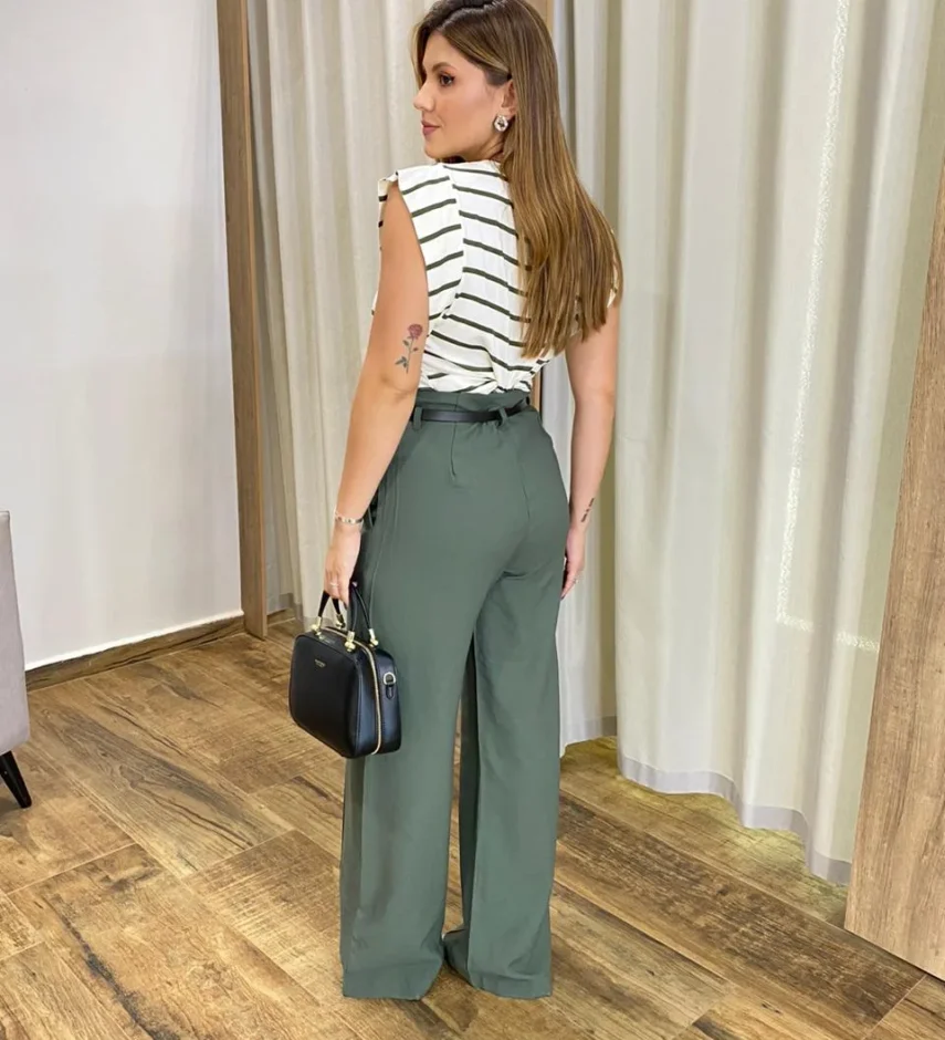 Calça Social Feminina Pantalona Viscose Verde Militar com Cinto - Fernanda Ramos Store