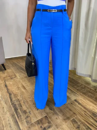 Calça Social Feminina Pantalona Viscose Azul com Cinto - Fernanda Ramos Store