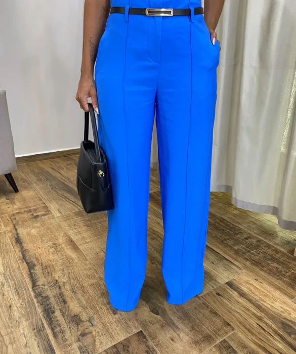 Calça Social Feminina Pantalona Viscose Azul com Cinto - Fernanda Ramos Store