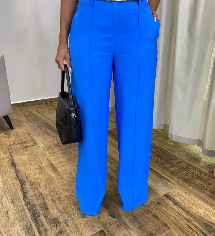 Calça Social Feminina Pantalona Viscose Azul com Cinto - Fernanda Ramos Store