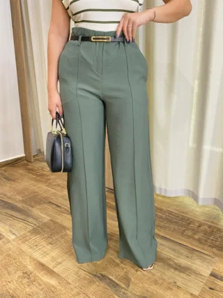 Calça Social Feminina Pantalona Viscose Verde Militar com Cinto - Fernanda Ramos Store