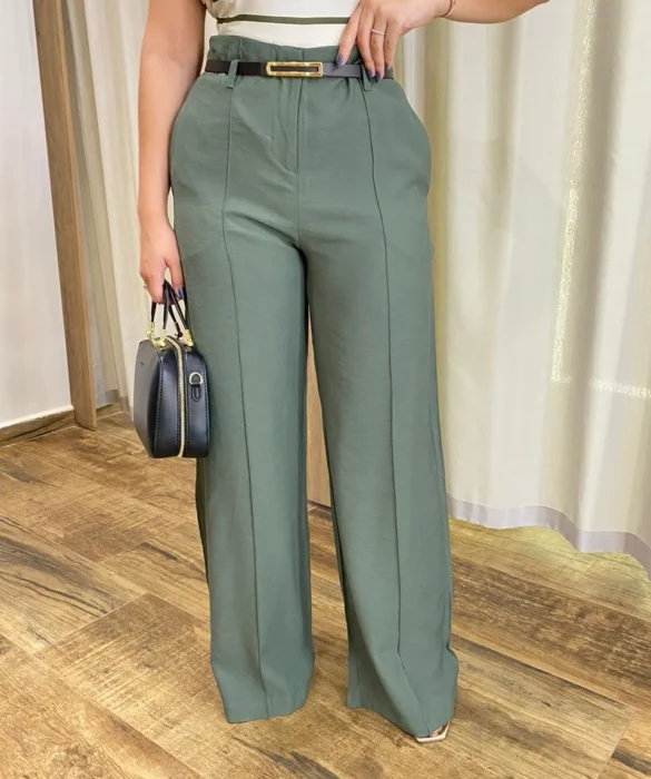 Calça Social Feminina Pantalona Viscose Verde Militar com Cinto - Fernanda Ramos Store