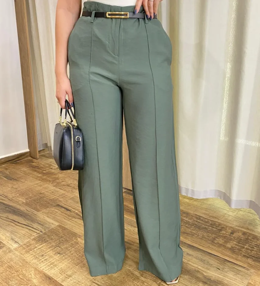 Calça Social Feminina Pantalona Viscose Verde Militar com Cinto - Fernanda Ramos Store