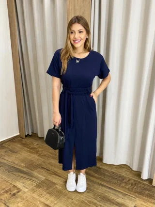 Conjunto Agatha Feminino Moletinho Blusa e Saia Midi Azul Marinho - Fernanda Ramos Store