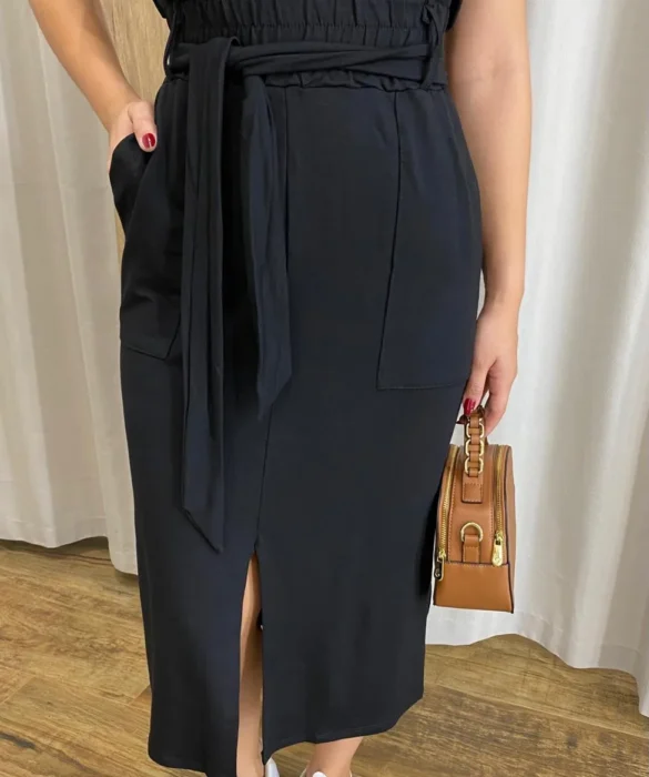 Conjunto Agatha Feminino Moletinho Blusa e Saia Midi Preto - Fernanda Ramos Store