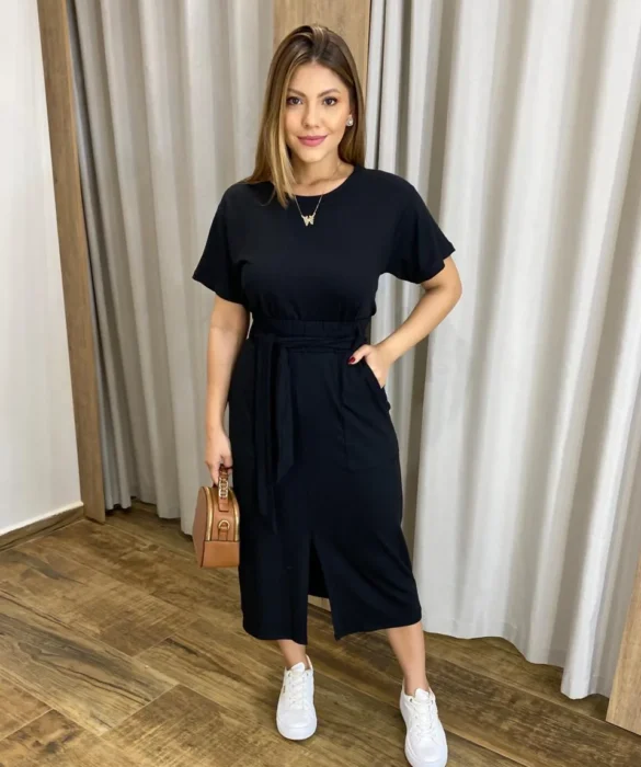 Conjunto Agatha Feminino Moletinho Blusa e Saia Midi Preto - Fernanda Ramos Store