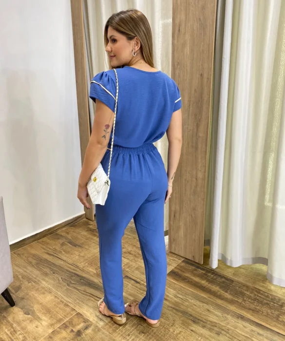 Conjunto Feminino Crepe Calça e Blusa Manga Curta Azul - Fernanda Ramos Store