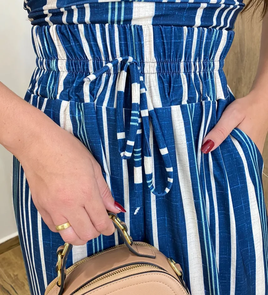 Conjunto Feminino Cropped com Bojo e Calça Pantalona Estampado Azul - Fernanda Ramos Store