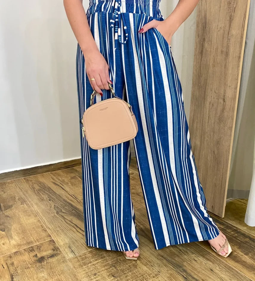 Conjunto Feminino Cropped com Bojo e Calça Pantalona Estampado Azul - Fernanda Ramos Store